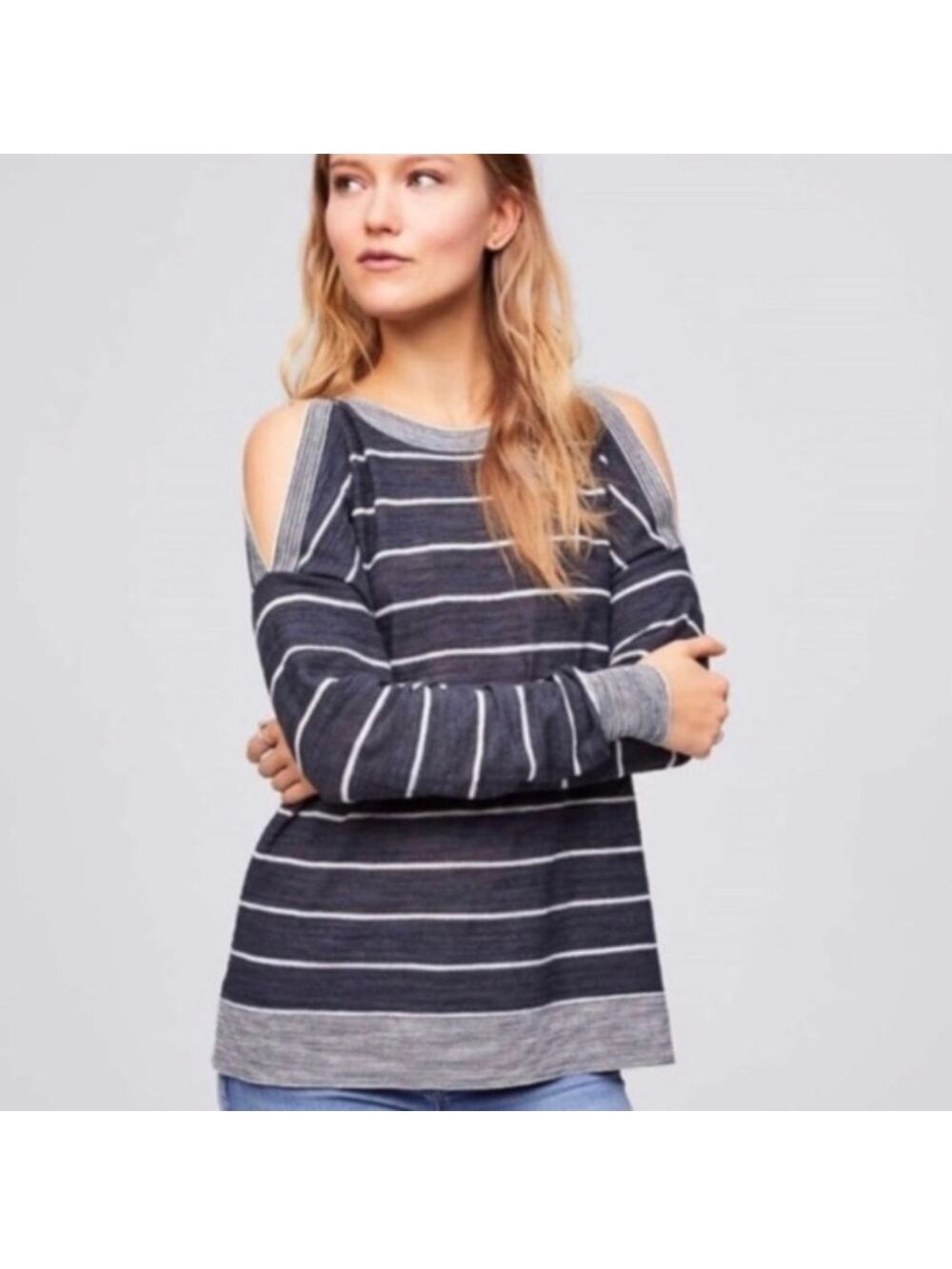 LOFT gray white stripe cold shoulder sweater long sleeve